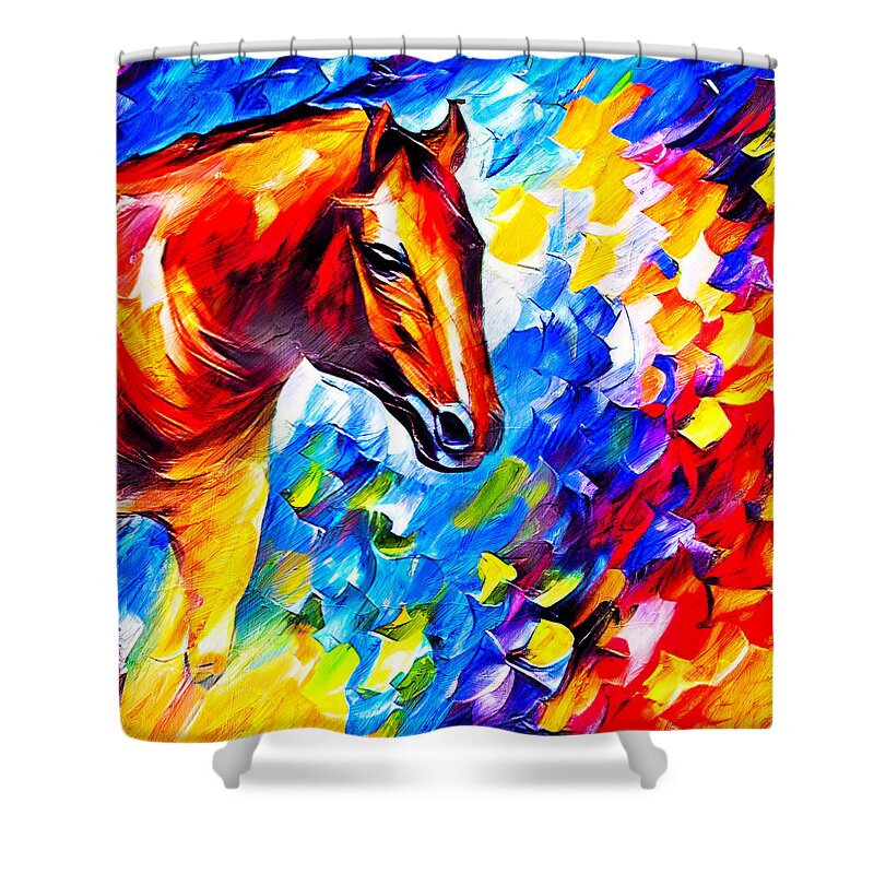 Horse Shower Curtain featuring the digital art Brown horse portrait on a colorful blue, red and yellow background by Nicko Prints