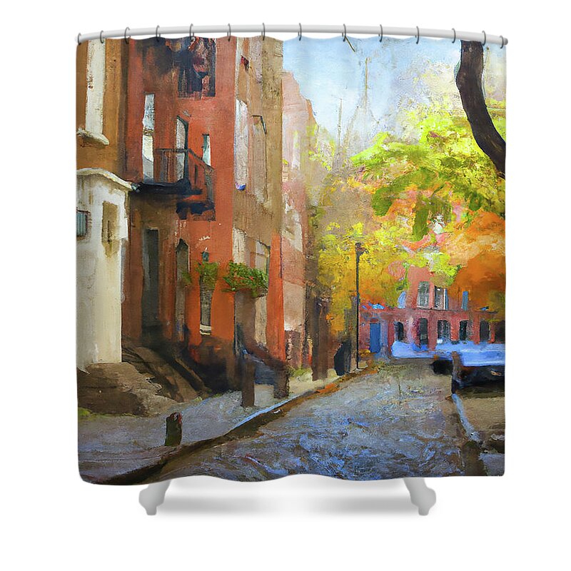 Greenwich Village Shower Curtain featuring the digital art Brownstones on a Quiet Street in Greenwich Village by Alison Frank