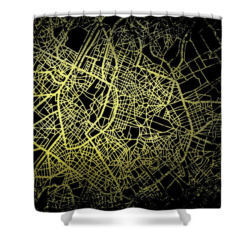 Map Shower Curtain featuring the digital art Brussels Map in Gold and Black by Sambel Pedes