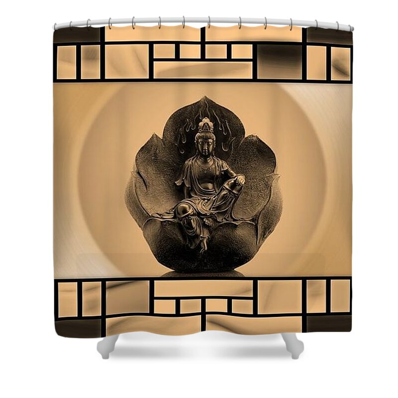 Buddha Shower Curtain featuring the mixed media Buddha in Stained Glass by Nancy Ayanna Wyatt