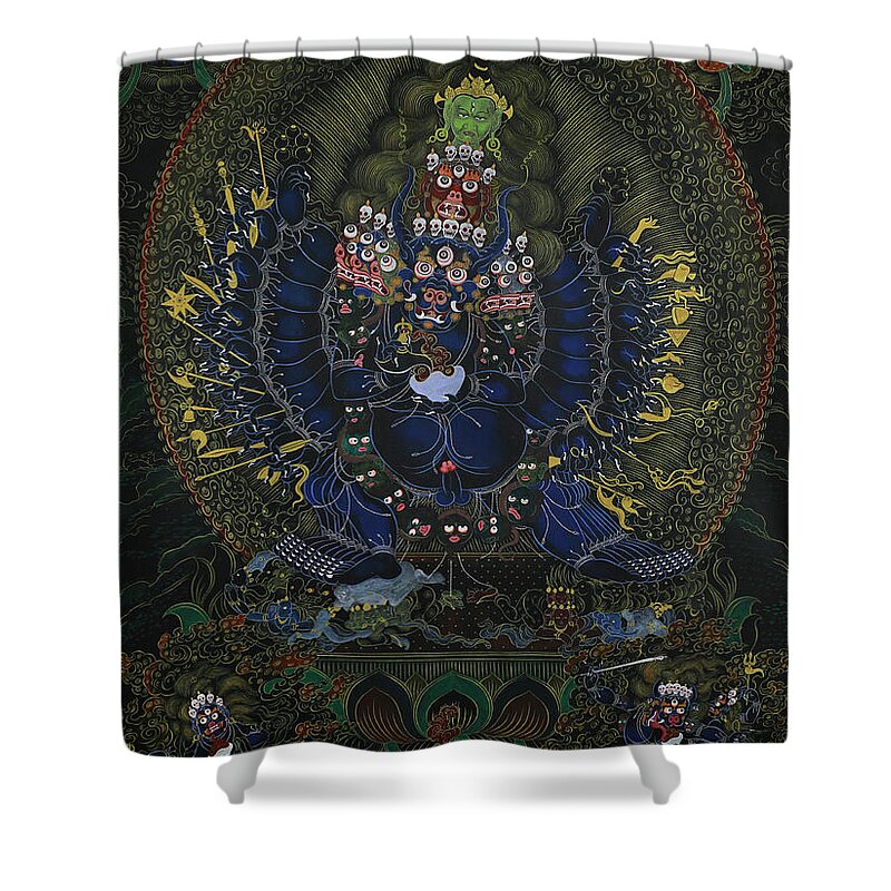 Buddha Shower Curtain featuring the painting Buddha Yamandaga by Solongo Chuluuntsetseg
