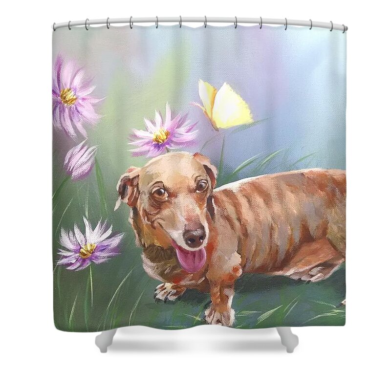 Dachshound Dog Shower Curtain featuring the painting Buddy by Helian Cornwell