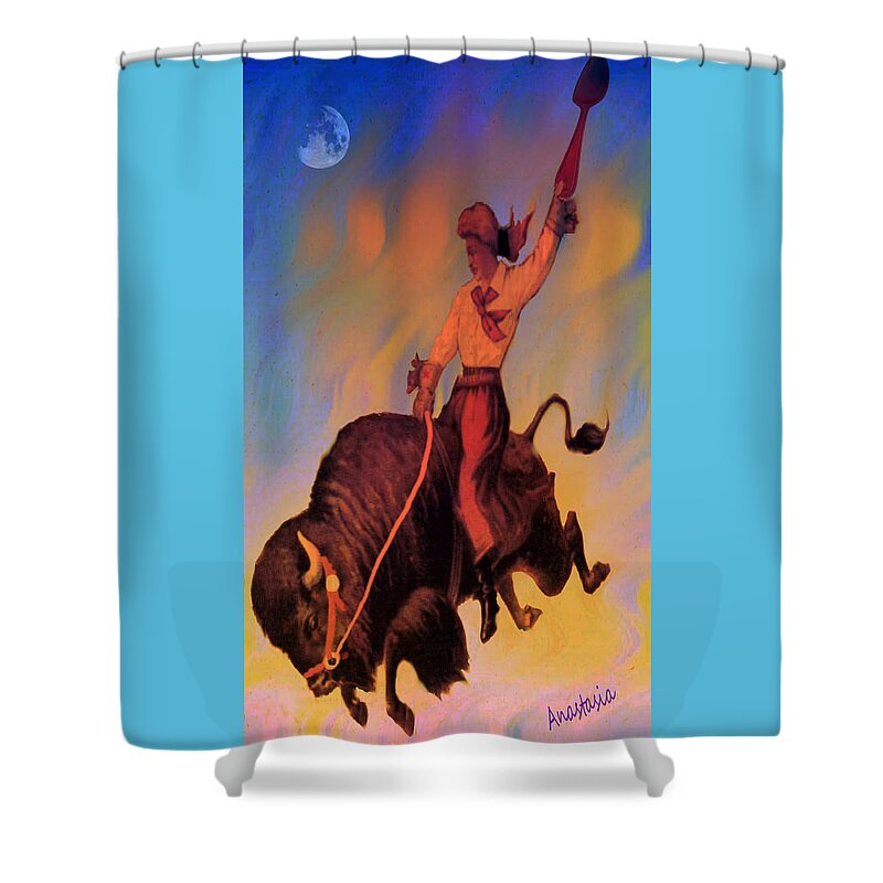 Cowgirl Shower Curtain featuring the mixed media Buffalo Girl's Wild West Cook Book At Home on the Range Series 1 by Anastasia Savage Ealy