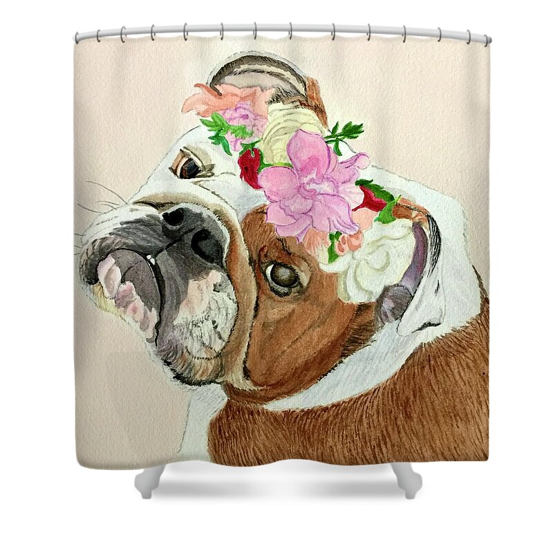 Bulldog Shower Curtain featuring the painting Bulldog Bridesmaid by Sonja Jones