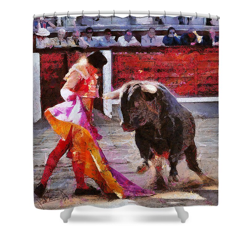 Bull Shower Curtain featuring the painting Bullfighting in Spain by Charlie Roman