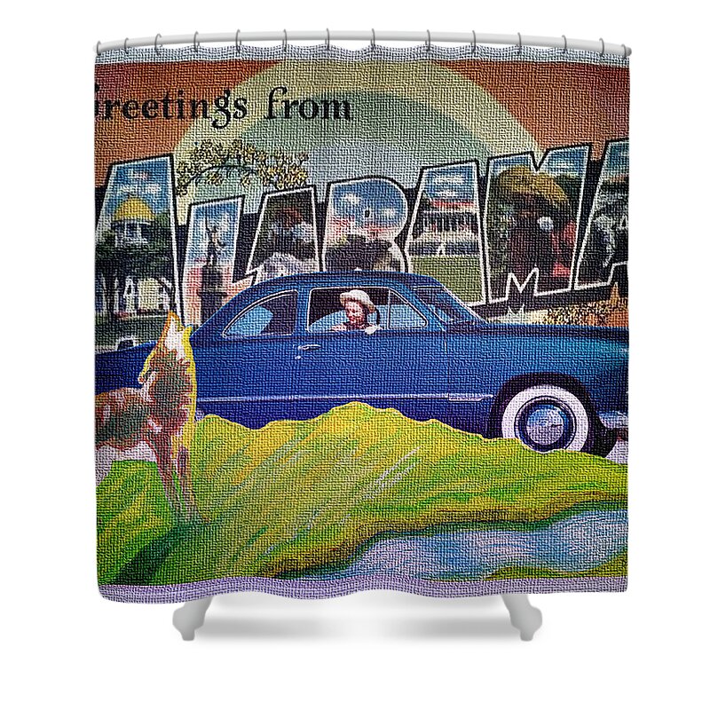 Dixie Road Trips Shower Curtain featuring the digital art Dixie Road Trips / Alabama by David Squibb