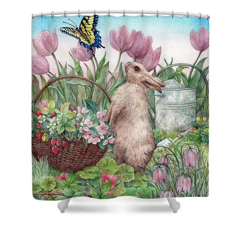 Illustrated Bunny Shower Curtain featuring the painting Bunny in Spring Garden by Judith Cheng