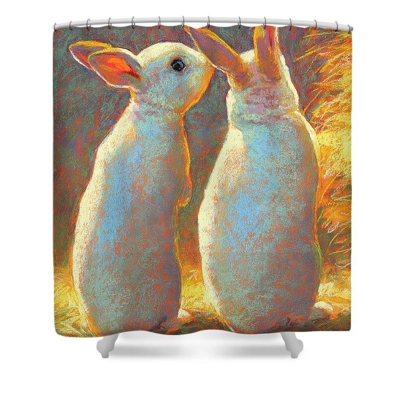 Rita Kirkman Shower Curtain featuring the pastel Bunny Secrets by Rita Kirkman