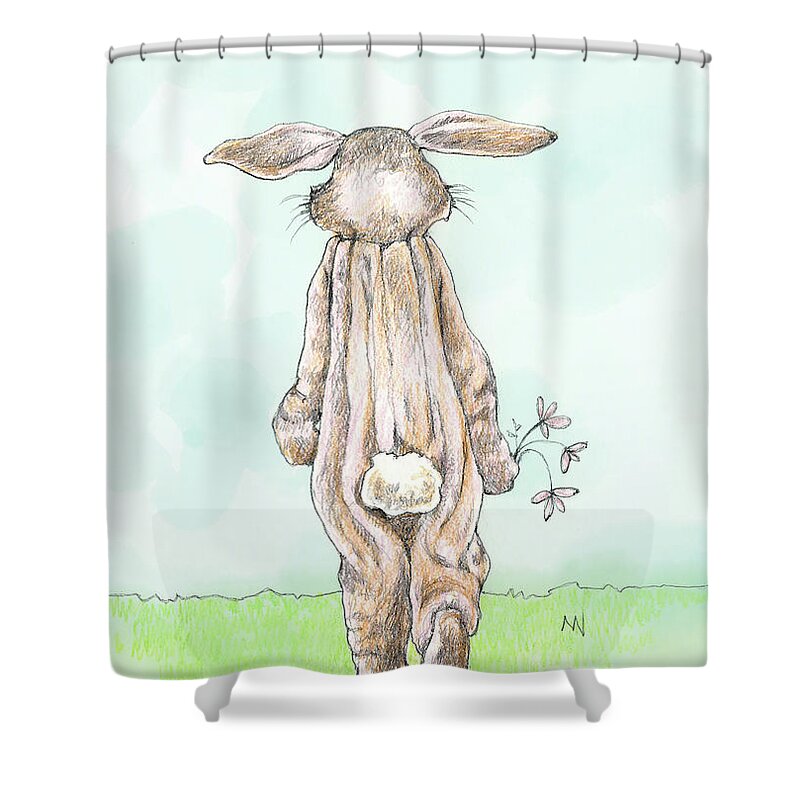 Easter Shower Curtain featuring the mixed media Bunny Suit by AnneMarie Welsh