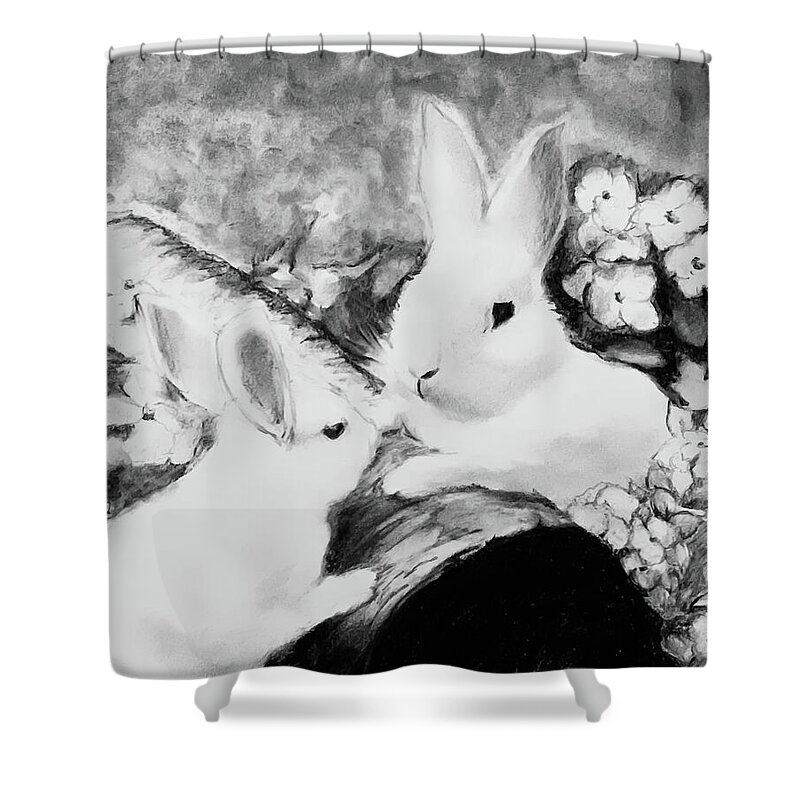 I Was Inspired By A Easter Card My Mother Gave Me Years Ago Shower Curtain featuring the drawing Bunny Talk by Tracy Hutchinson
