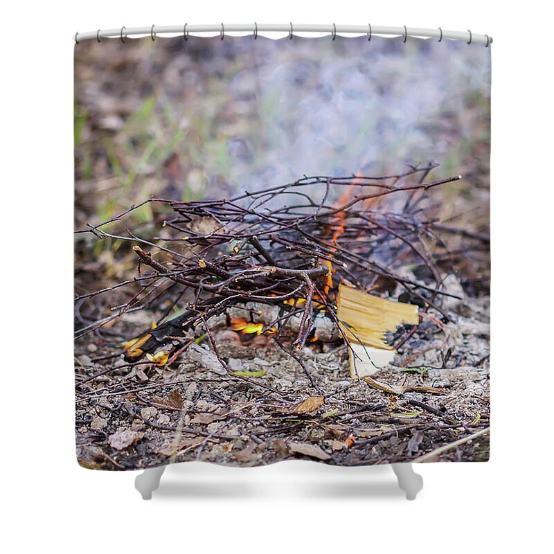 Bonfire Shower Curtain featuring the photograph Burning dry twigs. Bonfire at a camp in summer evening outdoors by Olga Strogonova