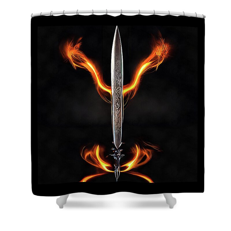 Sword Shower Curtain featuring the digital art Burning Sword 02 Orange Flames Black Background by Matthias Hauser