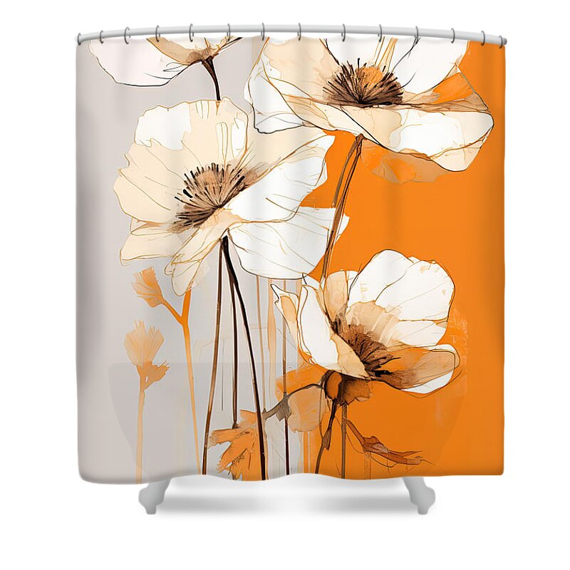 White Flowers On Burnt Orange And Turquoise Background Shower Curtain featuring the painting Burnt Orange Wall Art by Lourry Legarde