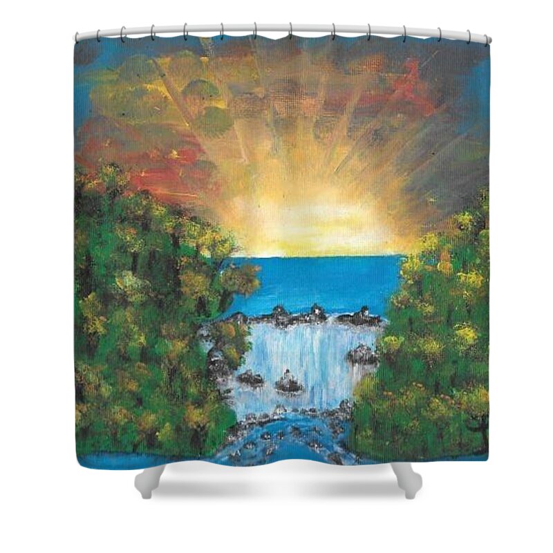 Sunrise Shower Curtain featuring the painting Burst of Sunshine by Esoteric Gardens KN