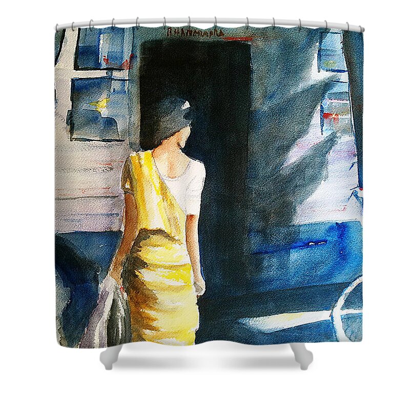 Woman Shower Curtain featuring the painting Bus Stop - Woman Boarding the Bus by Carlin Blahnik CarlinArtWatercolor