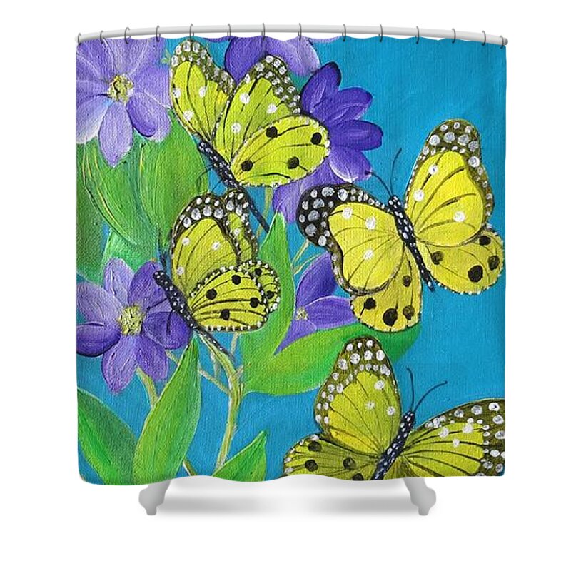 Yellow Butterflies Shower Curtain featuring the painting Butterflies and Purple Clematis by Karen Jane Jones