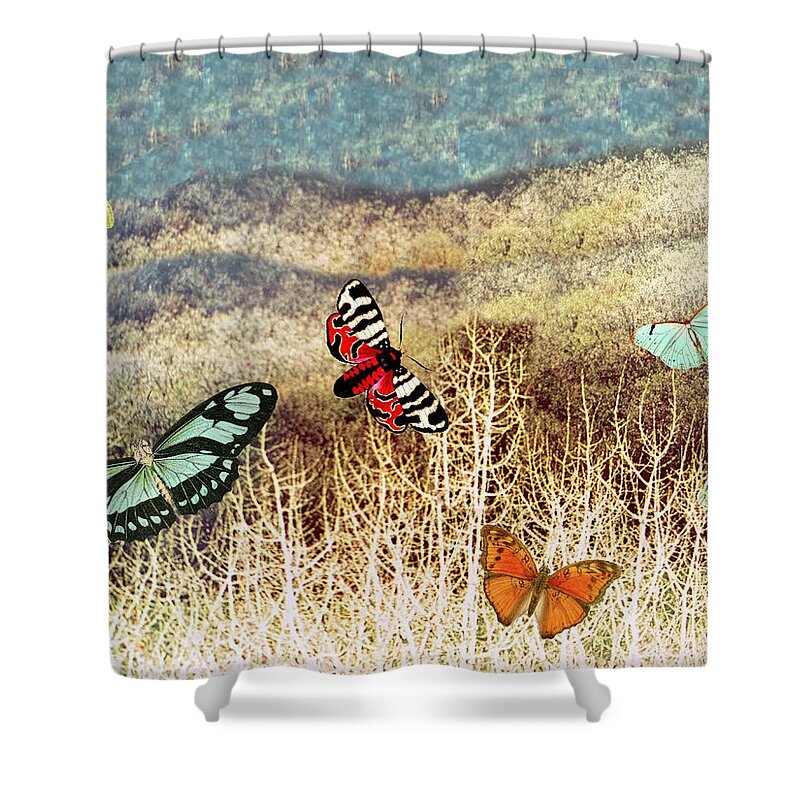 Butterflies Shower Curtain featuring the digital art Butterflies at dusk by Lorena Cassady