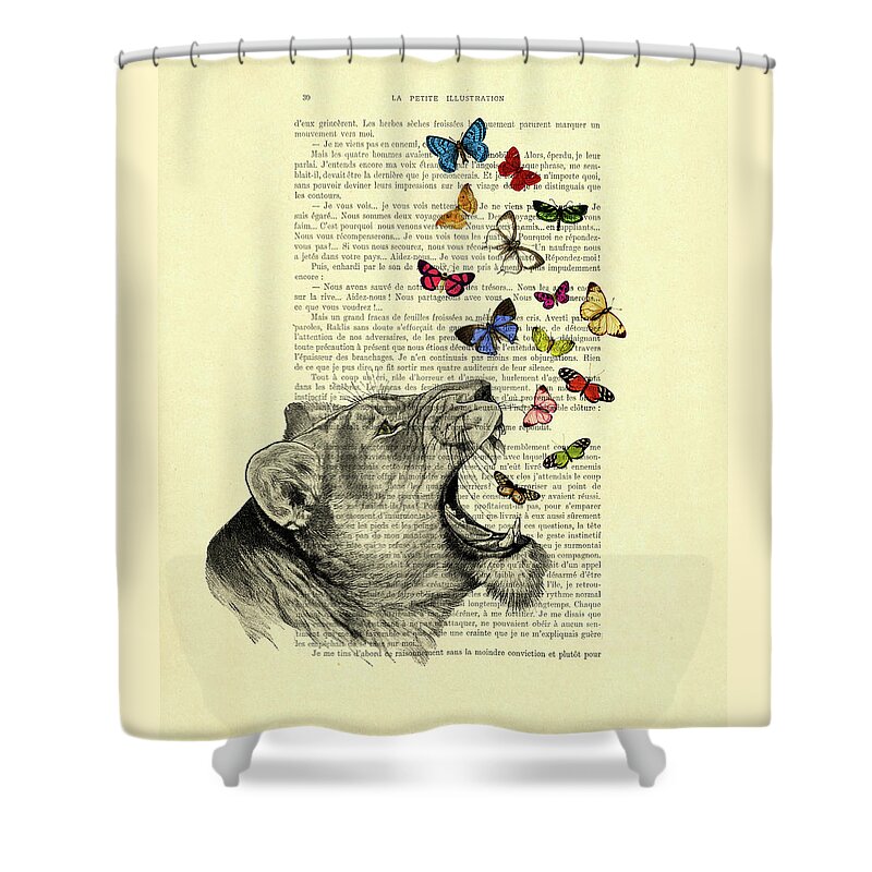 Lion Shower Curtain featuring the digital art Butterflies lioness book page art print by Madame Memento