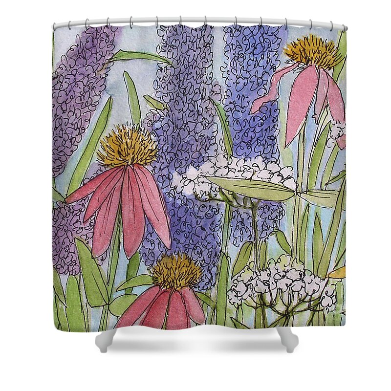 Coneflower Shower Curtain featuring the painting Butterfly Bush and Coneflowers by Laurie Rohner
