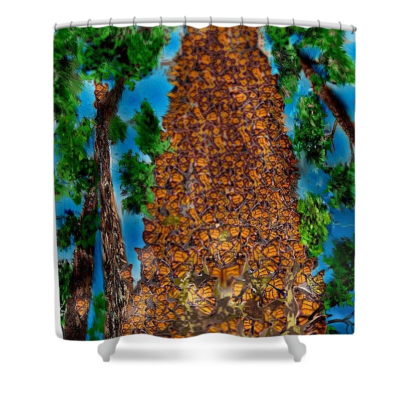 Sketch With Pencil Colored Digitally Oyamel Tree Butterfly Tree Shower Curtain featuring the mixed media Butterfly Haven by Pamela Calhoun
