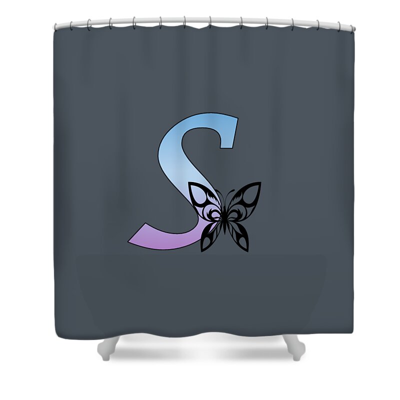 Monogram Shower Curtain featuring the digital art Butterfly Silhouette on Monogram Lower Case s Gradient Blue Purple by Ali Baucom
