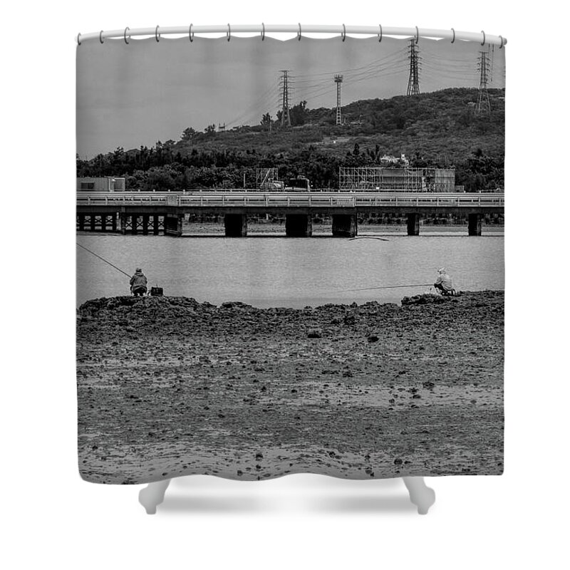 Fishing Shower Curtain featuring the photograph BW- Fishing at Low Tide by Eric Hafner