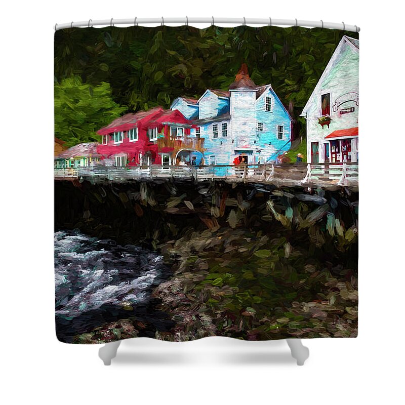 2016 Shower Curtain featuring the digital art By the Ketchikan River by Bruce Bonnett
