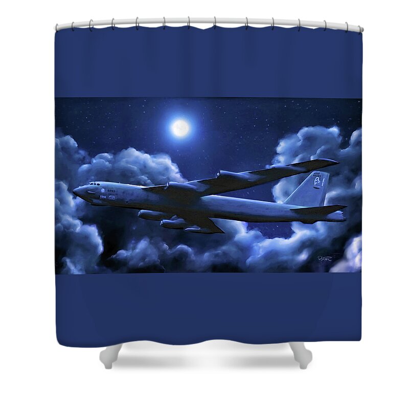 B-52 Stratofortress Bomber Shower Curtain featuring the painting By The Light Of The Blue Moon by David Luebbert