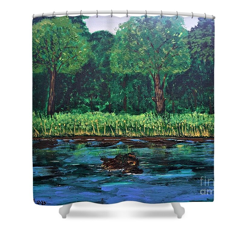 Water Shower Curtain featuring the painting By the River by Jimmy Clark