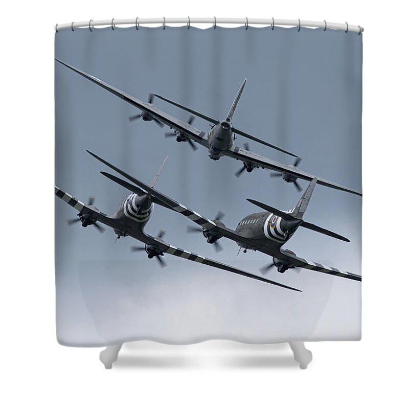 C-47 Skytrain Shower Curtain featuring the photograph C-47 and B-17 by Airpower Art
