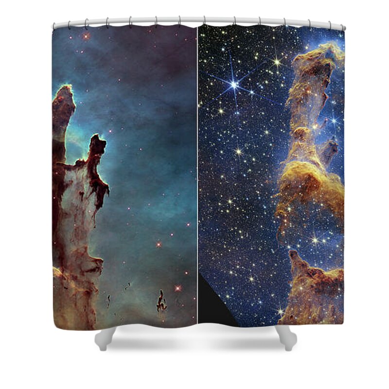 August Shower Curtain featuring the photograph Pillars of Creation, JWST and Hubble images by Science Photo Library