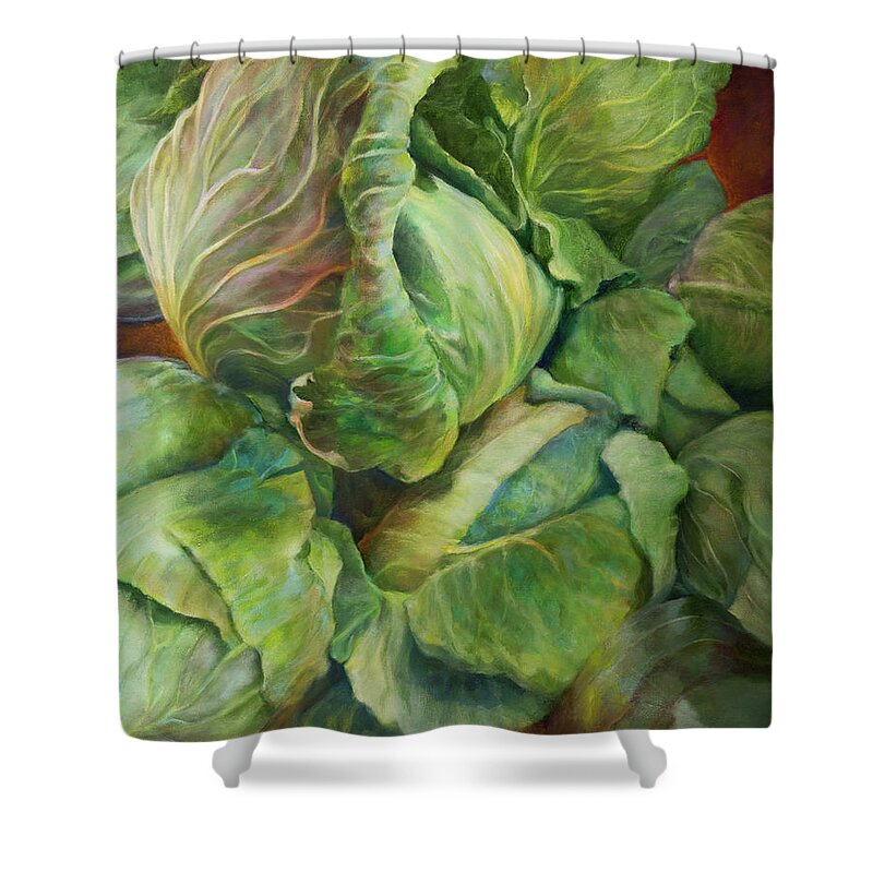 Cabbages Shower Curtain featuring the painting Cabbage Harvest by Carol Klingel