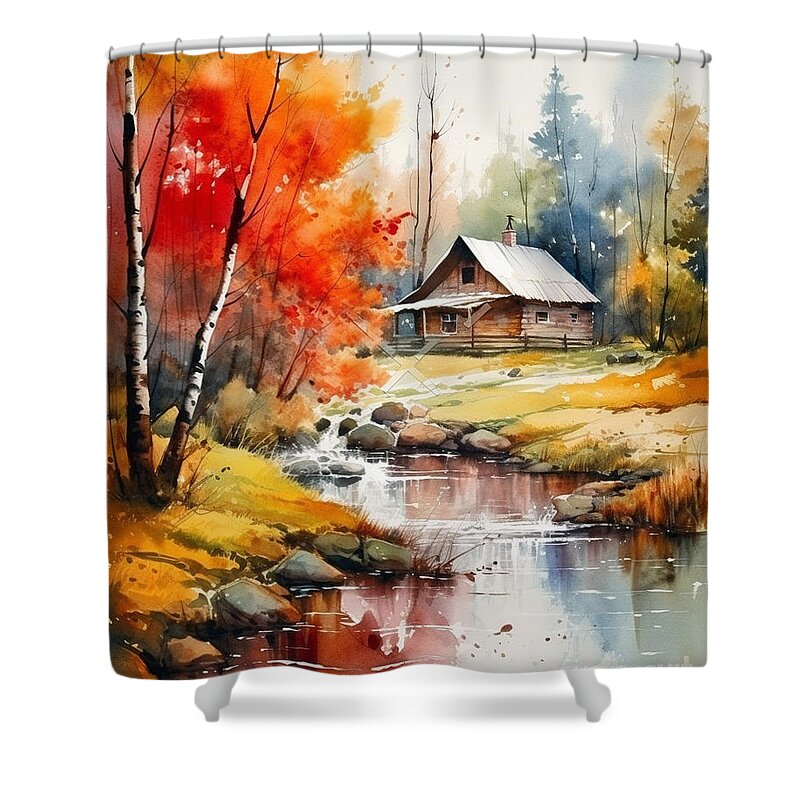 Cabin And Stream Ii Shower Curtain featuring the mixed media Cabin and Stream II by Jay Schankman