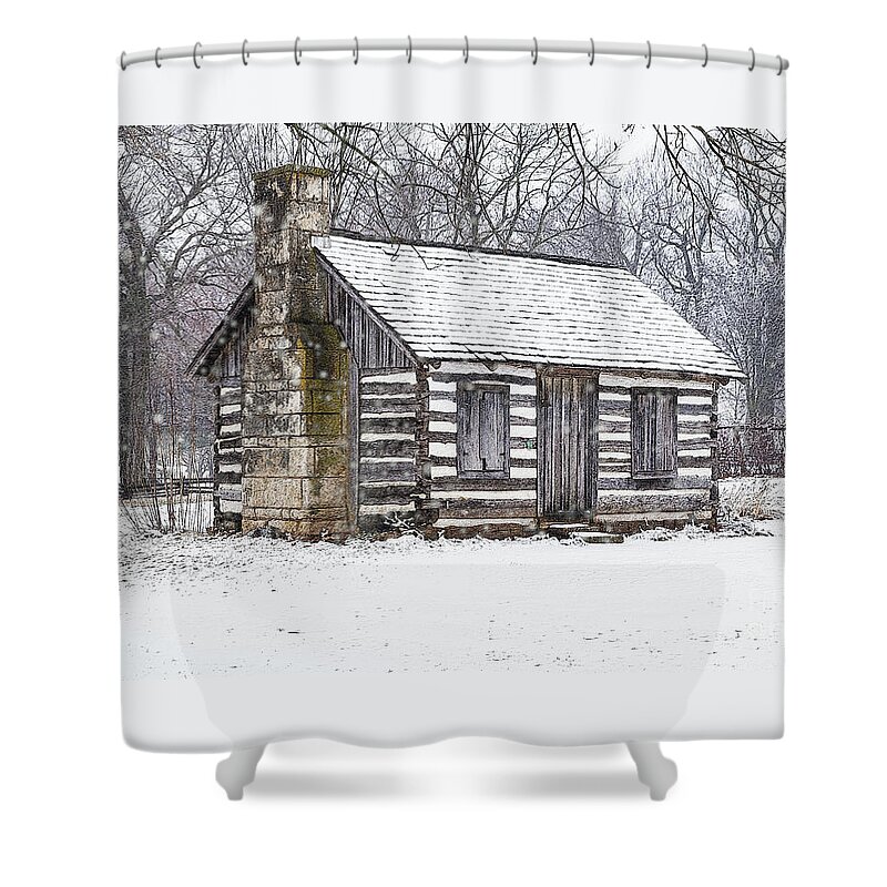 Ozarks Shower Curtain featuring the mixed media Cabin In The Snow by Jennifer White