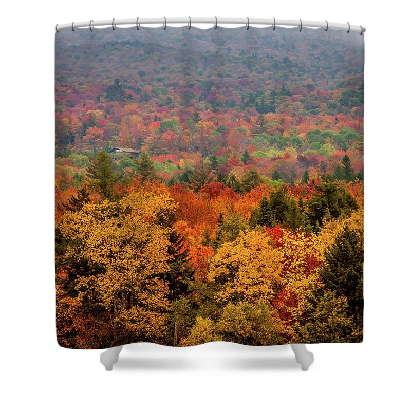 Green Mountains Shower Curtain featuring the photograph Cabin in Vermont fall colors by Jeff Folger