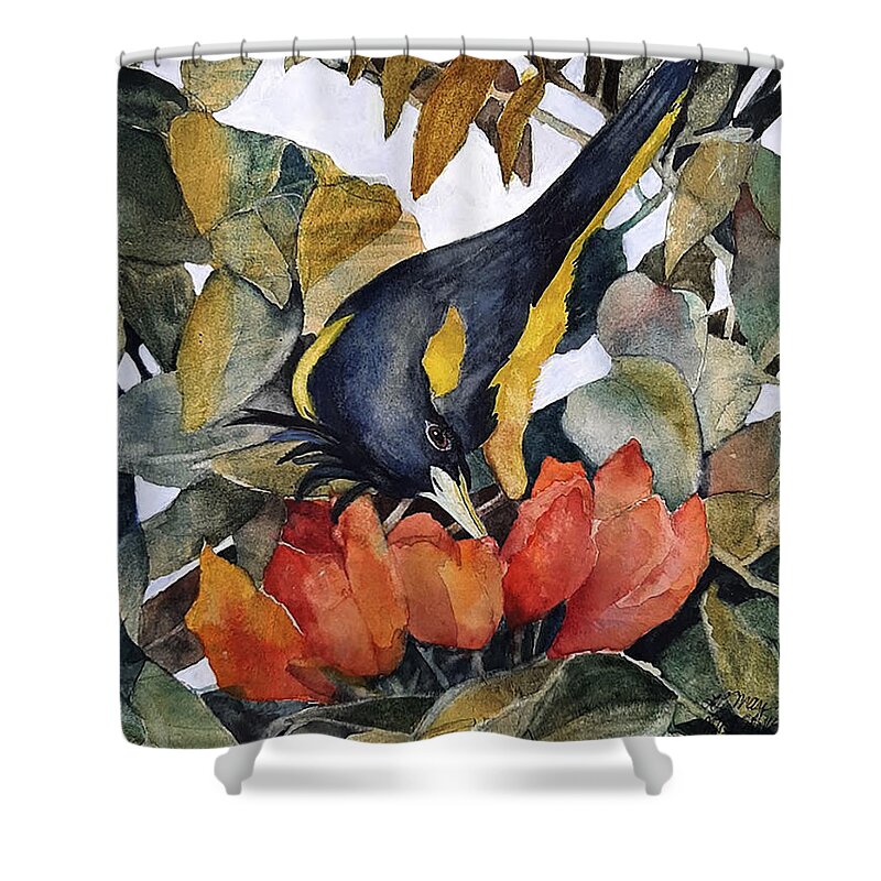 Mexico Shower Curtain featuring the painting Cacique in African Tulips by Lucy Lemay