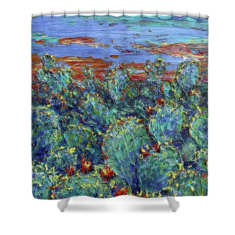 Cactus Shower Curtain featuring the painting Cactus Crowd @ Desert Performance by Linda Donlin