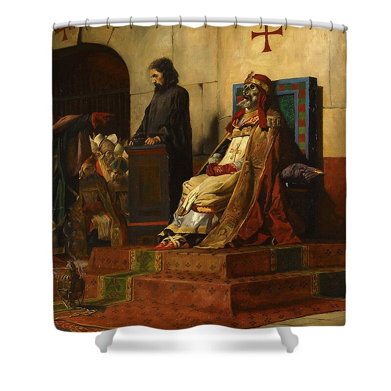 Jean-paul Laurens Shower Curtain featuring the painting Cadaver Synod, Pope Formosus and Stephen VI, 1870 by Jean-Paul Laurens