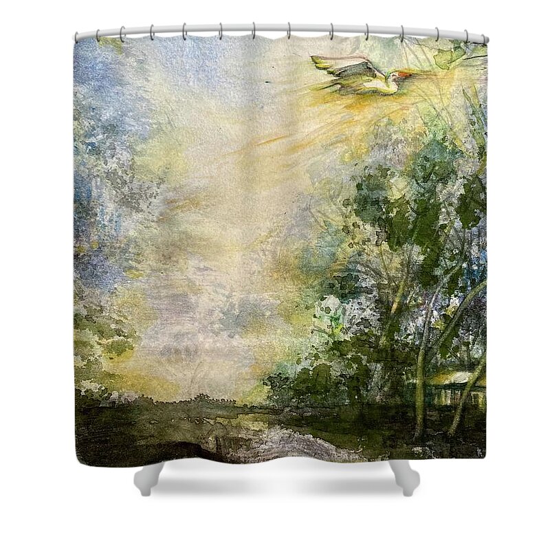 Louisiana Landscape Heron Shower Curtain featuring the painting Cajun cottage by Francelle Theriot