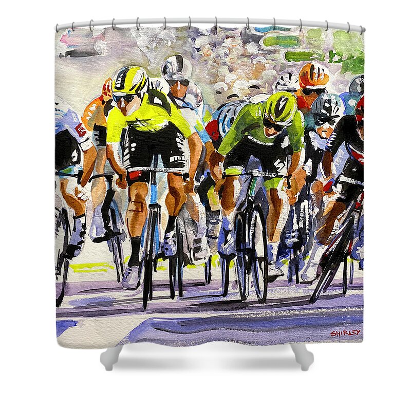 Letour Shower Curtain featuring the painting Caleb Ewan Wins Against Bennett not Sagan-sm by Shirley Peters