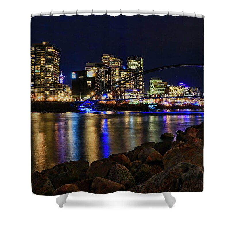 Centre Street Bridge Shower Curtain featuring the photograph Calgary with Bow River at night by Thomas Nay