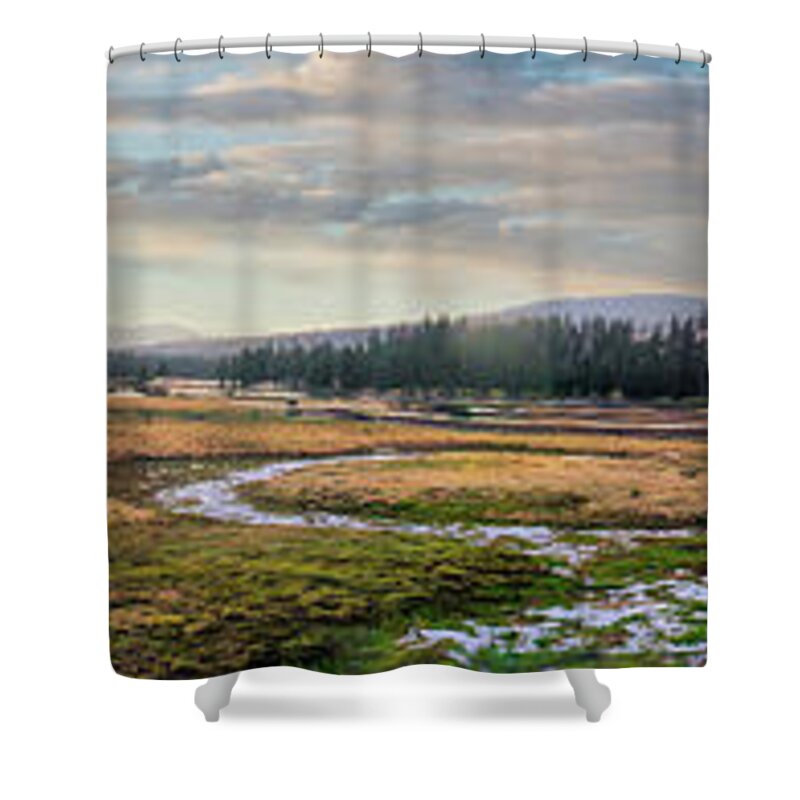 California Shower Curtain featuring the photograph California Mountains Tioga Meadow Stream panorama by Dan Carmichael