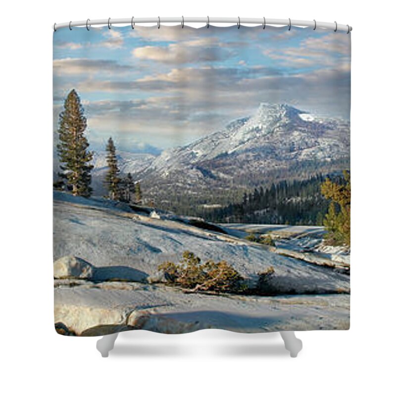 California Shower Curtain featuring the photograph California Mountains Tioga Pass Rocky Paradise panorama by Dan Carmichael