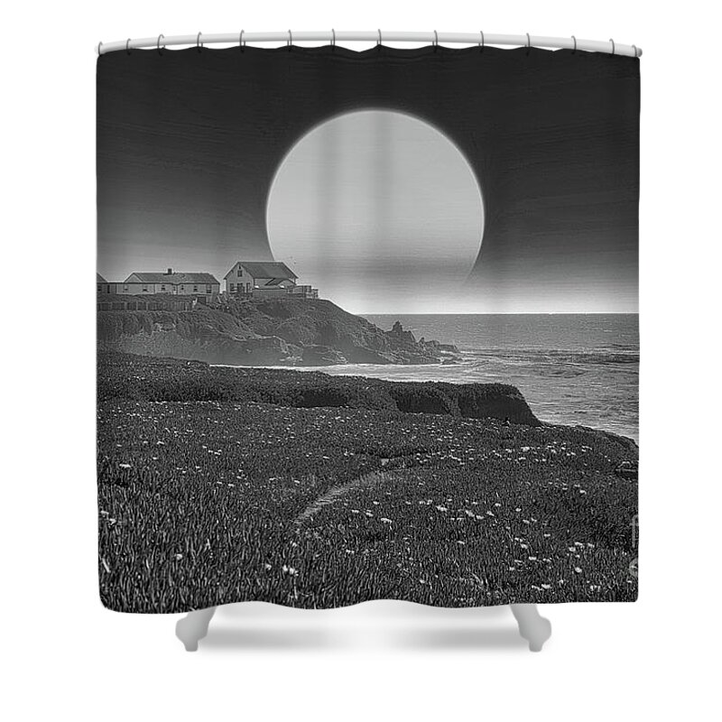 California Shower Curtain featuring the photograph California Pigeon Point Lighthouse Moon BW by Chuck Kuhn
