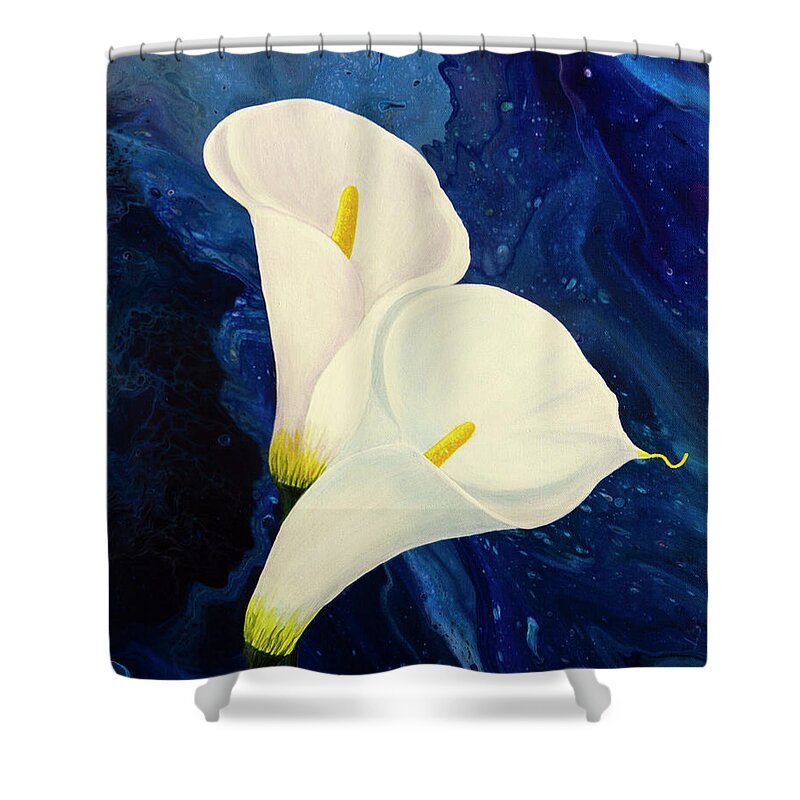 Lilies Shower Curtain featuring the painting Calla Lilies by Donna Manaraze
