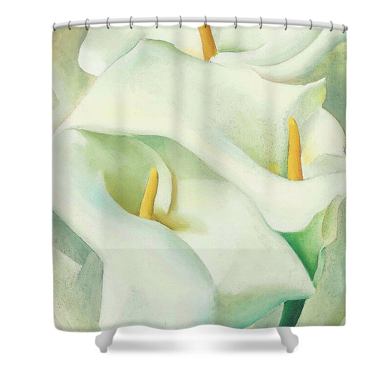 Georgia O'keeffe Shower Curtain featuring the painting Calla lilies - Modernist flower painting by Georgia O'Keeffe