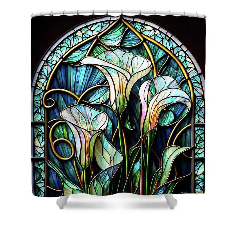 Calla Lilies Shower Curtain featuring the digital art Calla Lilies - Stained Glass Window by Peggy Collins