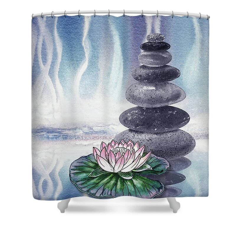 Zen Rocks Shower Curtain featuring the painting Calm Peaceful Relaxing Zen Rocks Cairn With Flower Meditative Spa Collection Watercolor Art VIII by Irina Sztukowski