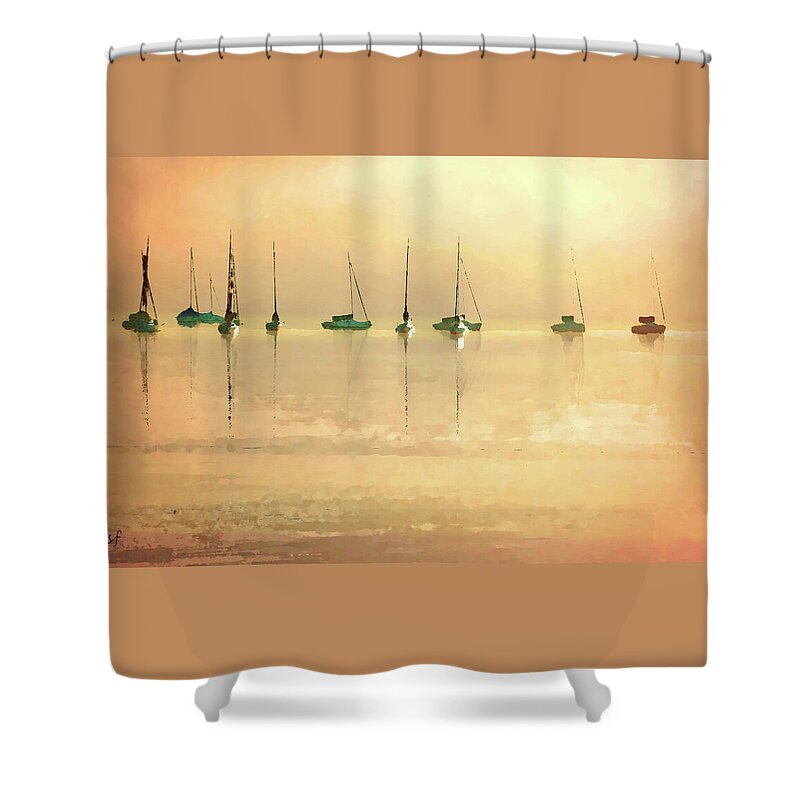 Fishing Boats Shower Curtain featuring the mixed media Calm Waters by Shelli Fitzpatrick