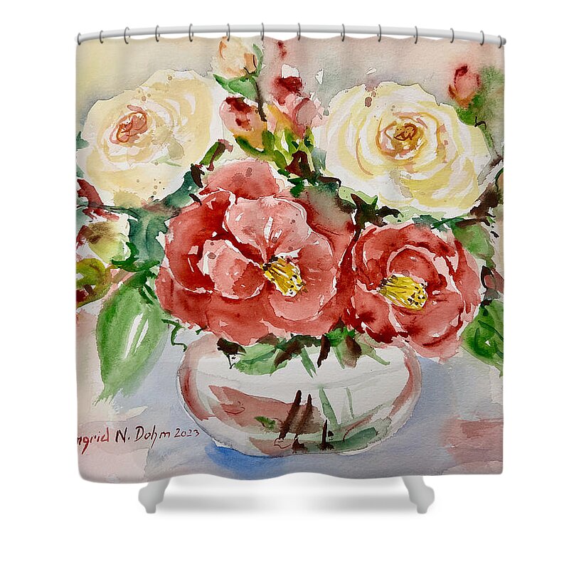Flowers Shower Curtain featuring the painting Camellias and Roses by Ingrid Dohm